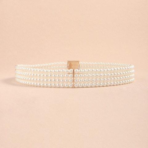 Women Artificial Pearl Belt Elastic Multi Strand Faux Artificial Pearl Waist Chain Rhinestone Alloy Buckle Decorative Dress Accessory Vintage