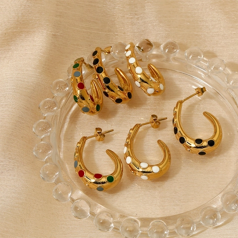 Polka Dot C-Shaped Hoop Earrings Stainless Steel Gold Plated Enamel Colorful Minimalist Trendy Jewelry For Women