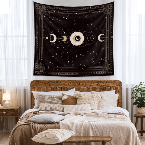 Arazzo Da Parete In Poliestere Fasi Lunari Astrologia Tarocchi Zodiaco Sole Cielo Stellato Bohemien Mistico