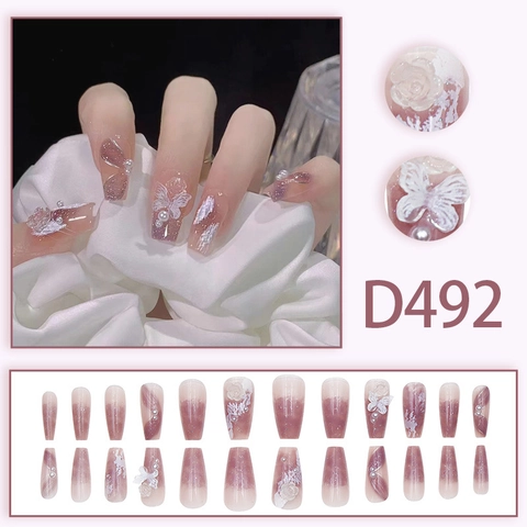 Long Coffin Press On Nails Gradient Blush Pink Glitter With 3D Butterfly Rose Flower Faux Artificial Pearl Elegant For Women