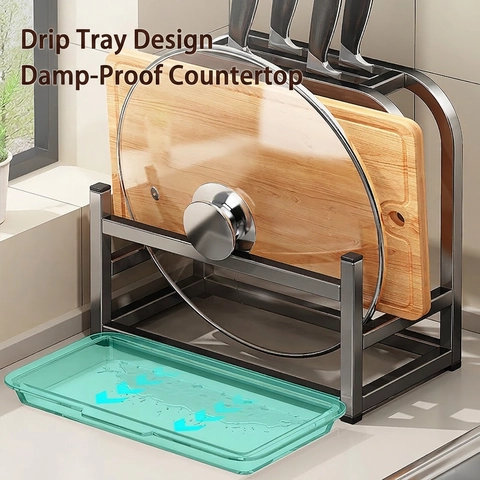 Carbon Steel Multi-Functional Kitchen Knife Holder And Cutting Board Pot Lid Rack With Drip Tray Countertop Organizer