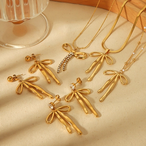 Fashion Stainless Steel Bowknot Ribbon Earrings Rhinestone Bow Tie Pendant Necklace For Women Elegant Gold Silver Plated Jewelry Gift