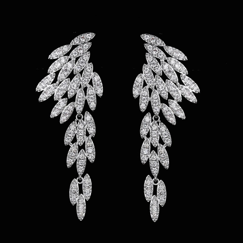 Pendientes de Gota de Lujo de Cobre y Circonia con Borla de Hoja para Mujer Joyas de Banquete Elegantes y Largas