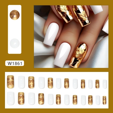 Maple Leaf Pattern Press On Nails Artificial Pearl White Golden Autumn Theme Retro Square Shape Full Cover Artificial Nails For Women