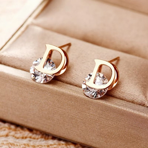 Letter D Stud Earrings Stainless Steel With Cubic Zirconia Rose Gold Plated French Temperament Minimalist For Women