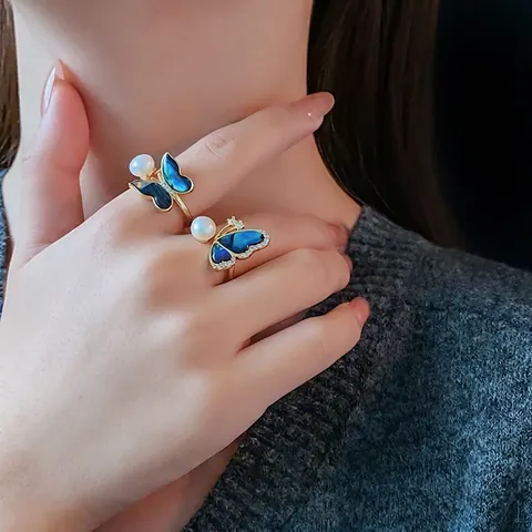Anillo De Perla Artificial Y Mariposa Cobre Chapado En Oro Circon Madreperla Ajustable Anillo Abierto Joyeria Elegante Mujer