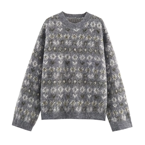 Dames Fair Isle Jacquard Gebreide Trui Ronde Hals Lange Mouwen Casual Pullover Winter Herfst Top