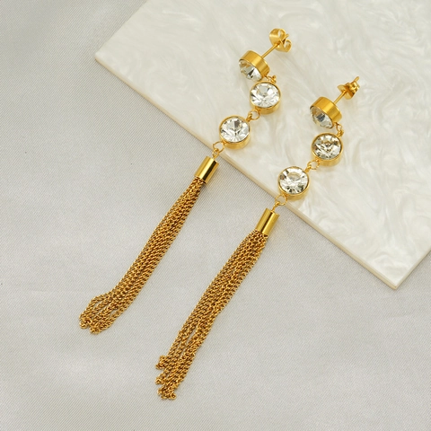 Edelstahl Quasten Ohrringe 18K Vergoldet Zirkon Lange Hängende Tropfen Vintage Eleganter Schmuck Für Frauen