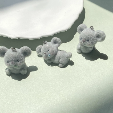 DIY Resin Flocked Koala Animal Charms For Earrings Necklace Keychain Making Cute Gray Velvet Koala Pendant Accessories