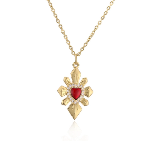Collana Vintage Sacro Cuore Rame Placcato Oro Smalto Rosso Ala Zircone Ciondolo Gioielli Eleganti Donna Moda Estetica