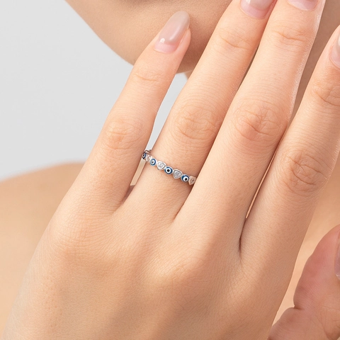 925 Sterling Silver Evil Eye Heart Ring For Women Adjustable Blue Enamel Zirconia Inlaid Trendy Personality Open Finger Ring Jewelry