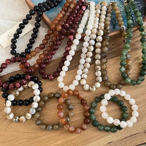 Retro Ethnische Acryl Rundperlen Kette Und Armband Schmuck Für Damen Mit Marmor Textur Legierung Verschluss