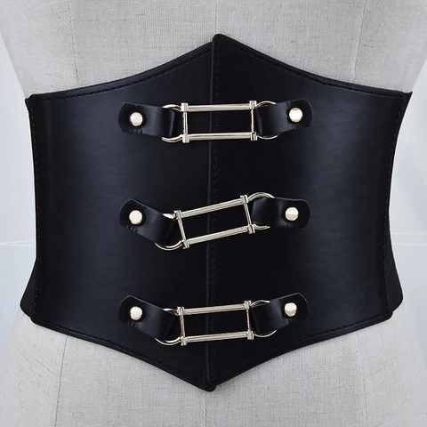 Ceinture Corset en Similicuir pour Femme Large Ceinture Élastique Boucle Alliage Cœur Rond Carré Anneau Métal Punk