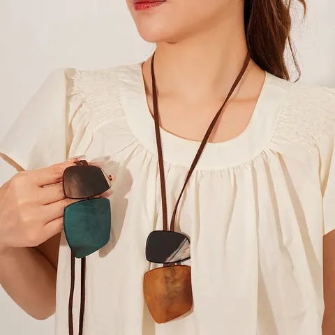 Collier Long Pendentif Géométrique Irrégulier Résine Acrylique Texture Marbre Style Ethnique Rétro Bijoux Femmes