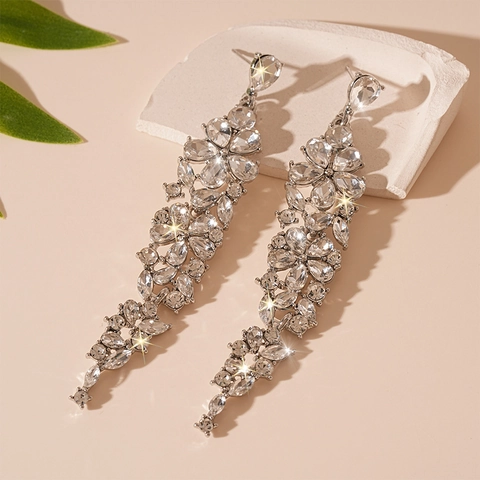 Elegant Flower Tassel Drop Earrings With Rhinestones And 925 Sterling Silver Earring Post For Women Wedding