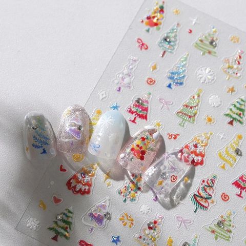 Autocollants Ongles 3D Relief Noël Auto Adhésifs Arbres Colorés Flocons Neige Étoiles Décalcomanies Pour Manucure Festive DIY