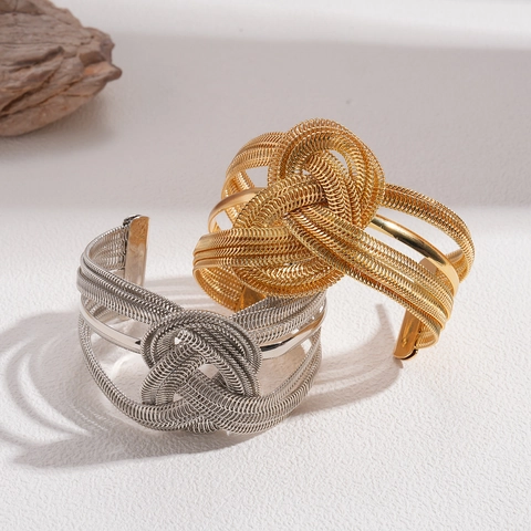 Woven Knot Manschette Armband Metall Heavy Industrial Style Große Offene Bangle Für Frauen Gold Silber