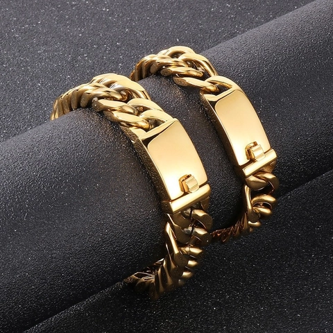 Pulsera De Cadena Cubana Para Hombre Acero Inoxidable 316L Hip Hop Oro Plata Negro Joyería Punk Con Cierre De Caja