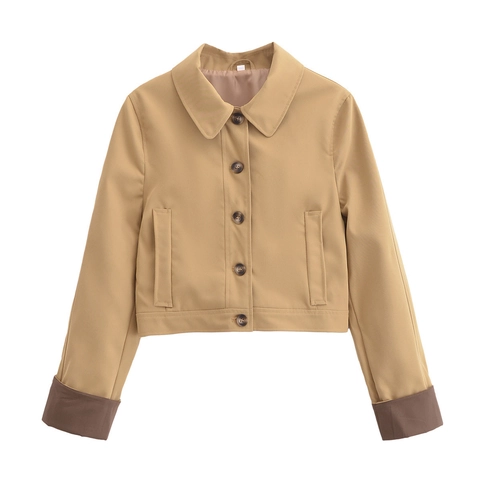 Women Two Piece Set Lapel Cropped Jacket Contrast Cuffs And High Waist Pleated Shorts Casual Streetwear Polyester