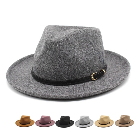 Klassischer Fedora Hut Wollfilz Breite Krempe Jazz Kappe Mit Kunstlederband Goldschnalle Vintage Elegant Für Damen Herren