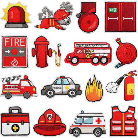 Geborduurde Patches Brandweer Vrachtwagen Ambulance Brandblusser Decoratief Polyester Garen Opstrijkbaar Voor Kinderkleding
