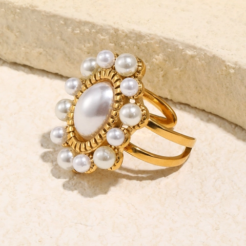 Sonnenstrahl Blumen Ring Edelstahl 18K Vergoldet Künstliche Perlenimitat Offen Verstellbar Luxus Schmuck Damen