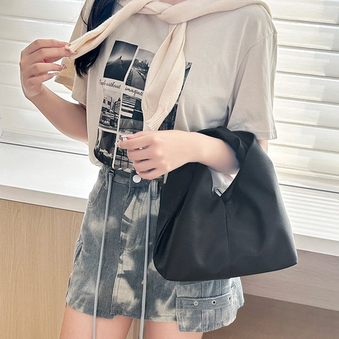 Women Hobo Handbag Soft PU Leather Lychee Texture Knot Handle Pleated Fashionable Cloud Bag Daily Shoulder Bag