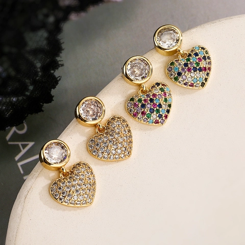 Pendientes Colgantes de Corazón de Cobre Chapados en Oro para Mujer Incrustaciones de Diamantes de Imitación Joyería de Temperamento