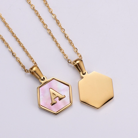 Collana Con Pendente a Lettera Iniziale Madreperla Rosa Esagonale Placcato Oro 18K Acciaio Inossidabile Gioielli Per Donna