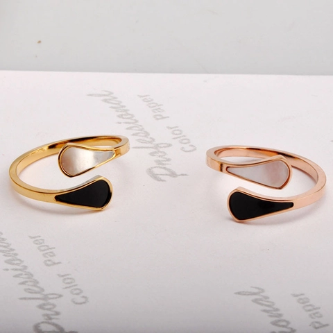 Minimalist Titanium Steel Open Ring For Women Rose Gold Gold Plated Black White Artificial Pearl Teardrop Finger Ring Jewelry