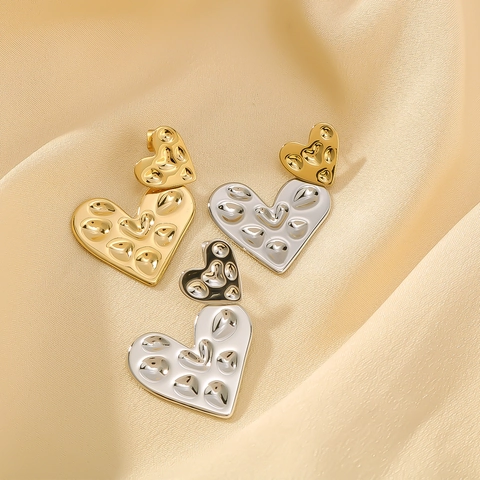 Stainless Steel Heart Drop Earrings 18K Gold Plated Hammered Texture Double Layer Heart Dangle Earrings For Women Elegant