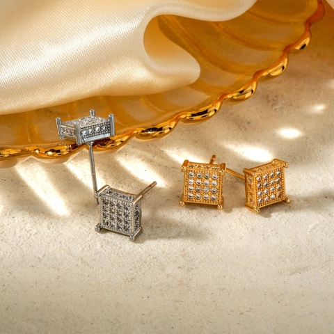 Pendientes de Botón Cuadrados de Cobre con Circonia para Mujer Joyería Geométrica Minimalista Chapada en Oro Plata Accesorios Regalo