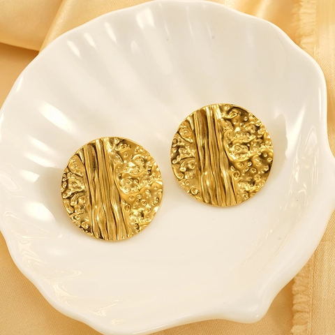 Runde Ohrstecker 18K Vergoldeter 304 Edelstahl Gehämmertes Design Retro Ins Stil Mode Schmuck Für Frauen