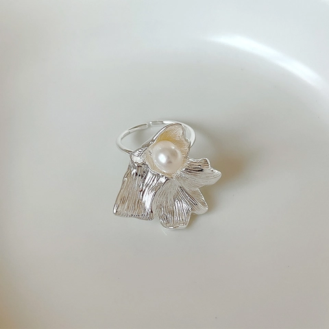Anello In Argento Sterling 925 Con Perla Artificial Fiore Irregolare Foglia Aperto Regolabile Gioielli Minimalisti Francesi Per Donna