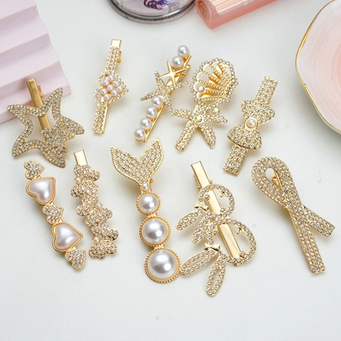Elegant Rhinestone Artificial Pearl Hair Clips French Style Alloy Barrettes For Women Sweet Musical Note Star Shell Designs