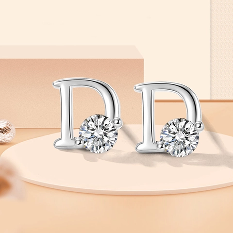 Orecchini a Bottone con Lettera D in Argento Sterling 925 con Strass per Donna Gioielli Galvanici con Pietra Rotonda Intarsiata Regalo