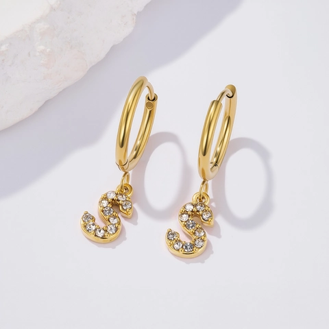 Stainless Steel Gold Pave Rhinestone Alphabet Letter Hoop Earrings For Women Personalized Initial A-Z Pendant Drop Earrings