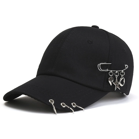 Berretto da Baseball in Cotone Stile Punk Con Anelli in Metallo Argentato E Ciondoli a Spilla Cappello Regolabile da Donna
