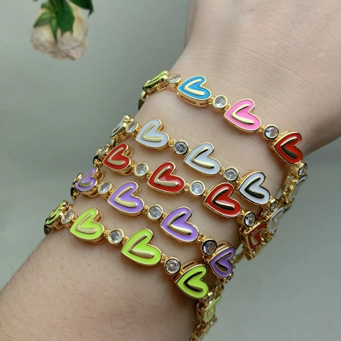 Heart Shaped Colorful Enamel Bracelet Copper 18K Gold Plated Zircon Micro Inlay Jewelry For Women Chic Style