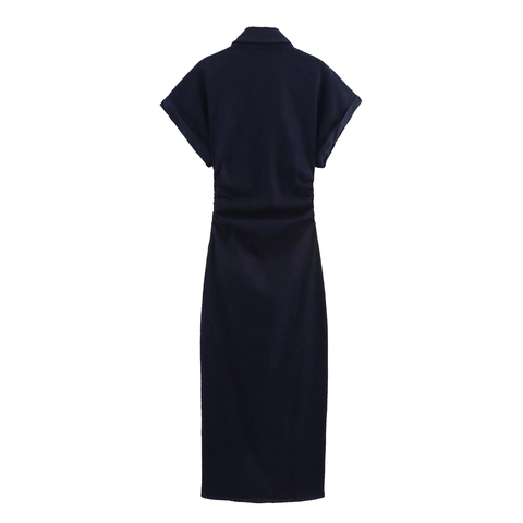 Vestido Camisero Vaquero Manga Corta Mezcla Algodón Color Sólido Cintura Fruncida Botonadura Elegante Midi Mujer