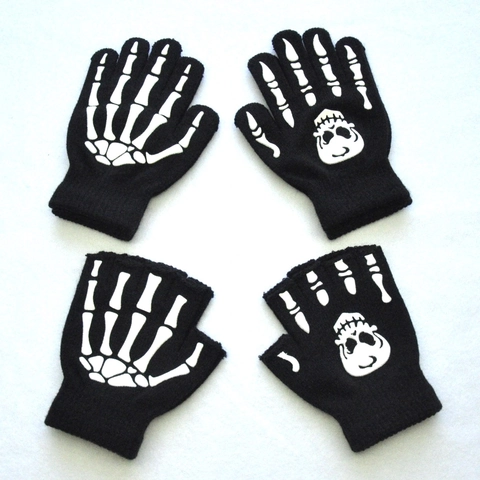 Skeleton Hand Knitted Gloves Luminous Glow In The Dark Skull Print Half Finger Full Finger Punk Halloween For Teens