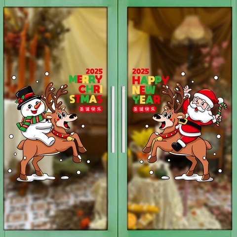 Christmas Window Clings Static Stickers PVC Double Sided Santa Reindeer Snowman Cartoon 2025 New Year Holiday Decoration