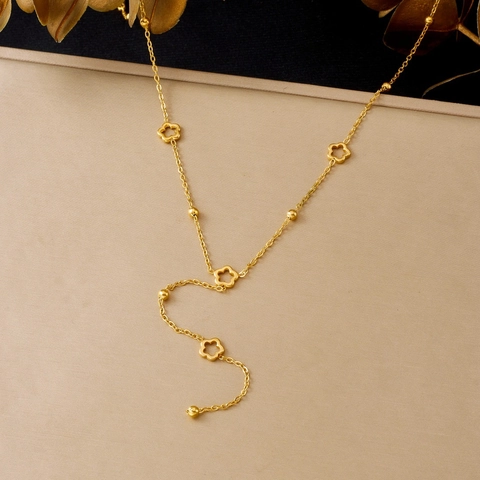 Collana Lariat A Forma Di Y Acciaio Inossidabile Placcato Oro Pendenti Fiori Traforati Perline Metallo Gioielli Quotidiani