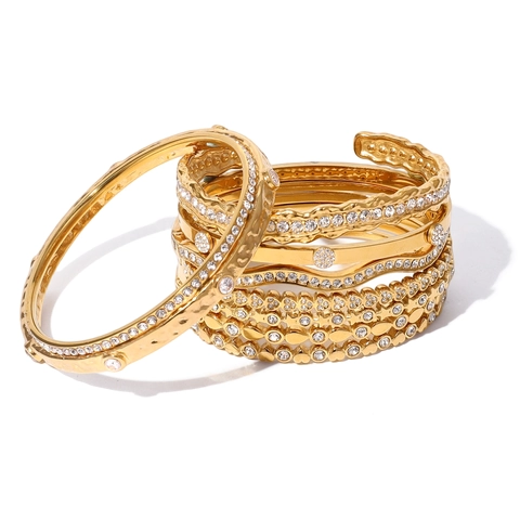 Fashion Stainless Steel Gold Rhinestone Bangle Bracelet For Women Wave Heart Geometric Pattern Light Luxury Jewelry Waterproof Gift