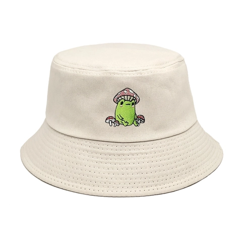 Cute Frog Mushroom Embroidery Cotton Bucket Hat Foldable Sun Protection Casual Retro Fisherman Cap For Women Men