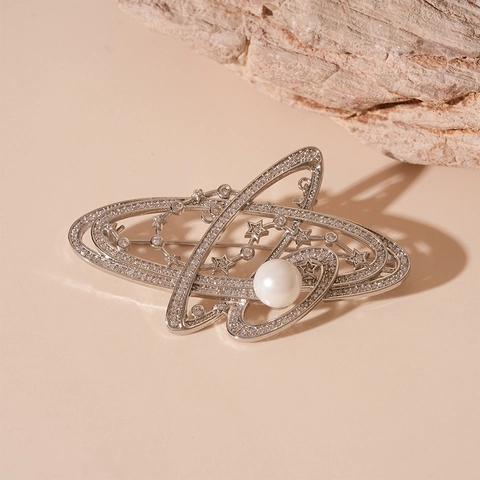 Elegante Broche De Planeta Saturno Para Mujer Cobre Con Perla Artificial Y Estrellas De Circón Joyería De Moda De Lujo