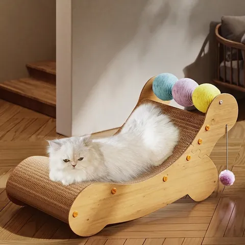 Cat Scratcher Lounge Bed Wood Frame Corrugated Paper S-Shaped Cat Scratching Post With Interactive Sisal Balls