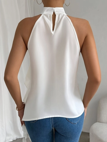 Dames Halter Mouwloze Blouse Polyester Spandex Ruches Rugloos Opstaande Kraag Elegant Zomer Top