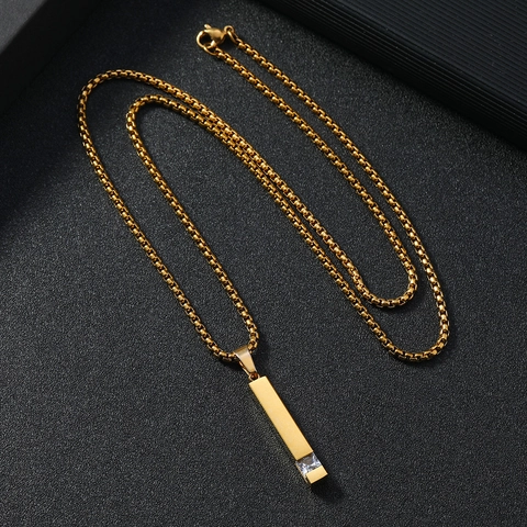 Collar Con Colgante De Acero Inoxidable Barra Larga Circonita Cuadrada Geométrica Incrustada Joyería Urbana Minimalista