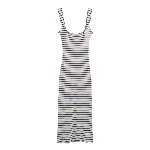 Sleeveless Striped Knit Maxi Dress Slim Fit Bodycon Ribbed Polyester U Neck Casual Elegant Fashion Long Dress